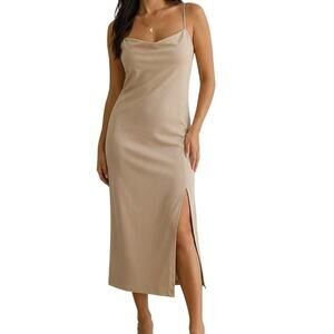 H&M Midi Jersey Slip Dress Cream Beige Square Neck Draped Minimalist Large NWT